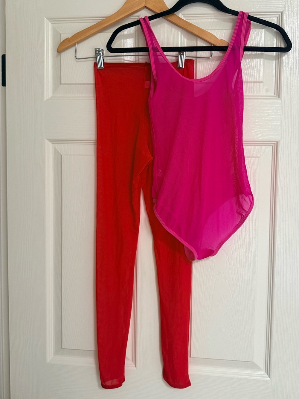 American Apparel Sheer Hot Pink Mesh Bodysuit and Mesh Apple Red Leggings set